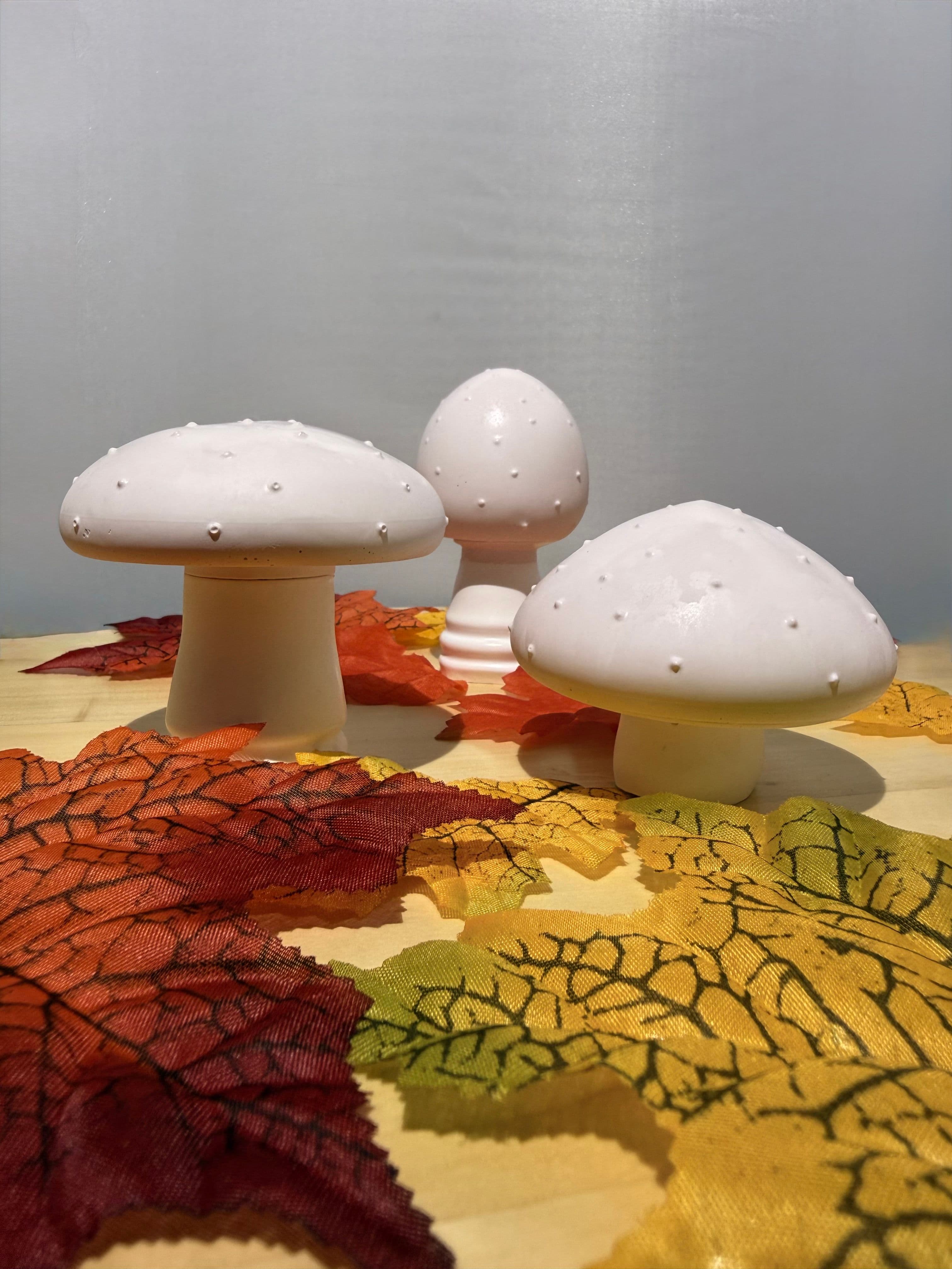 Drie handgemaakte paddenstoelen van keramisch gips op herfstbladeren